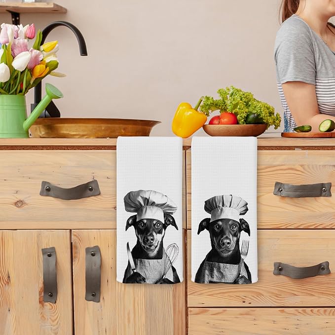 Funny Chef Doberman Pinscher Kitchen Towels Set of 2, Doberman Gifts for Women Dish Tea Towels for Kitchen, Dog Mom Lovers Owner Gifts Decorative Hand Towel, 16x24 Inch