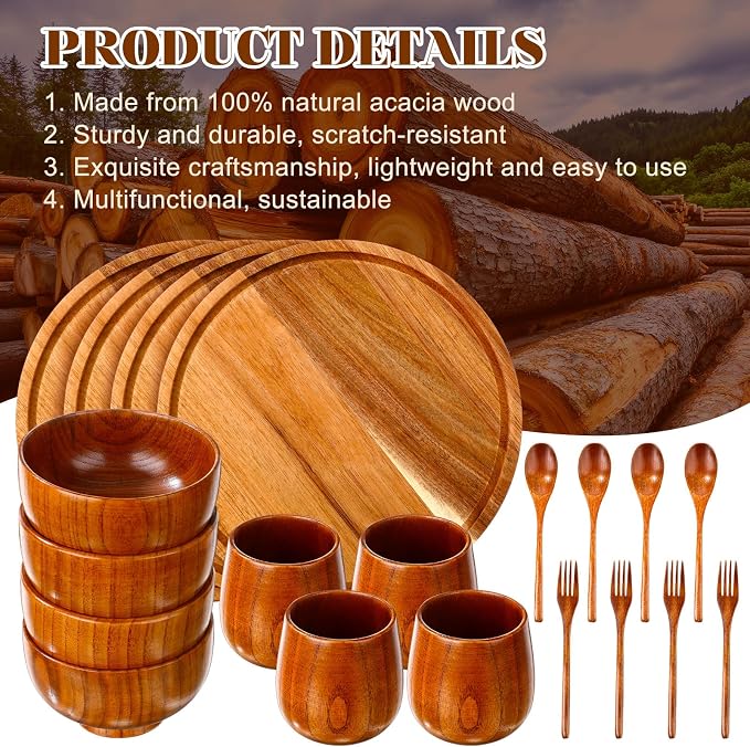 20 Pcs Acacia Wood Dinnerware Set 11.6 Inch Round Wooden Plates Bowls Tea Cups Fork Spoons Acacia Wood Tableware Supplies Easy Cleaning Lightweight for Dishes Snack Dessert, 4 Set