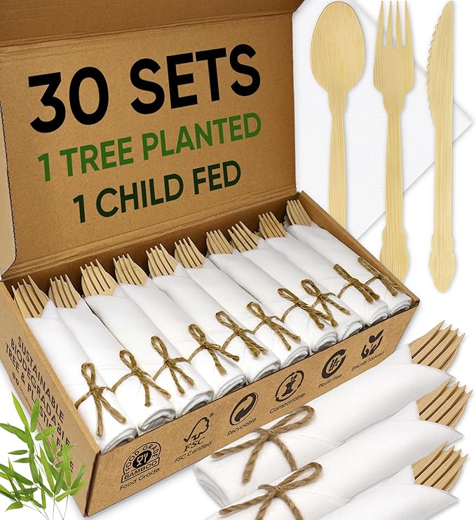 EcoPreps Luxury Pre-Rolled Napkin and Bamboo Cutlery Set (30 Pack, 120 PCS) 100% Biodegradable, Eco-Friendly, Disposable Wrapped Cutlery - Includes Pre-Wrapped Bamboo Forks, Knives, Spoons, & Napkins