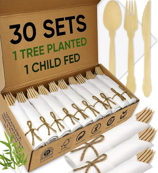 EcoPreps Luxury Pre-Rolled Napkin and Bamboo Cutlery Set (30 Pack, 120 PCS) 100% Biodegradable, Eco-Friendly, Disposable Wrapped Cutlery - Includes Pre-Wrapped Bamboo Forks, Knives, Spoons, & Napkins