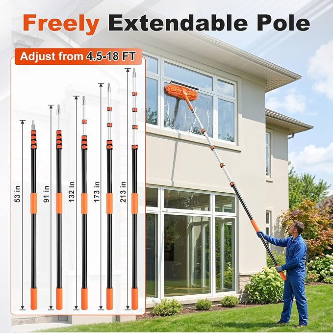 25 Foot High Ceiling Fan Duster Kit with 4.5-18ft Heavy Duty Extension Pole, Microfiber Feather Duster, Cobweb Duster, Ceiling Fan Duster and Window Squeegee, Long Dusters for Cleaning
