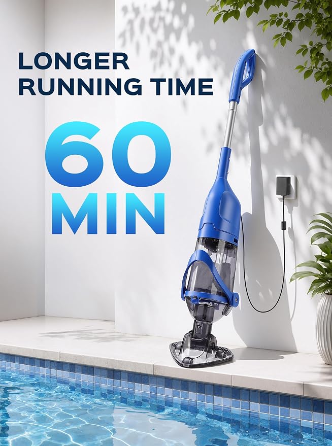 Cordless Handheld Pool Vacuum for Above Ground Pool, Rechargeable Small Pool Vacuum with Telescopic Pole, 60 Min Runtime, 14.1 GPM Suction, for Hot Tub, Spa & Small Pools, Blue