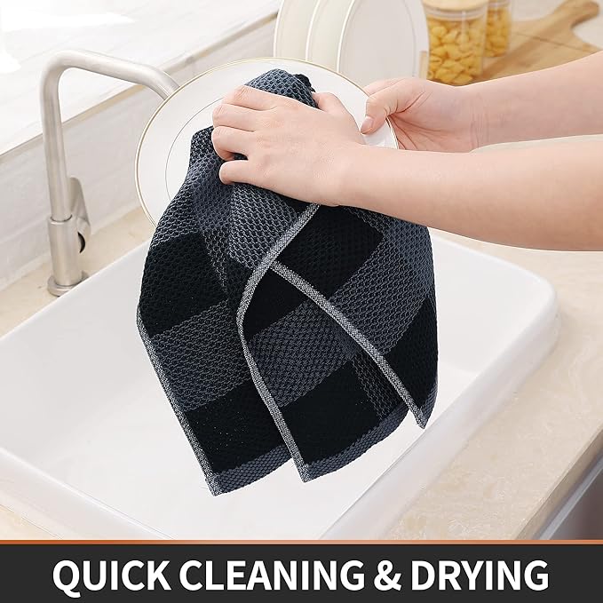Homaxy 100% Cotton Waffle Weave Kitchen Dish Cloths, 12x12 Inches, 6-Pack, Black Kitchen Towels and Dishcloths Set, Black & Grey