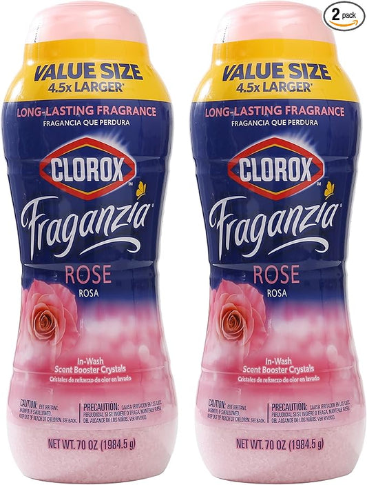 Clorox Fraganzia Laundry Scent Booster Crystals, In-Wash Fragrance Beads for Fresh-Smelling Clothes & Linens, Safe for All Fabrics & Colors, Easy-Pour Bottle, Rose Scent, 70 Oz - 2 Pack