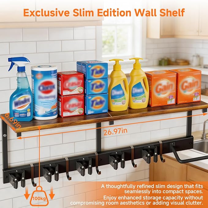 3 in 1Broom Holder Wall Mount,Laundry Room Organization and Storage Shelves with 5 Mop Hanger Rack Gripper Hooks,Utility Shelf Closet Organizer for Garage, Garden,Kitchen,Closet