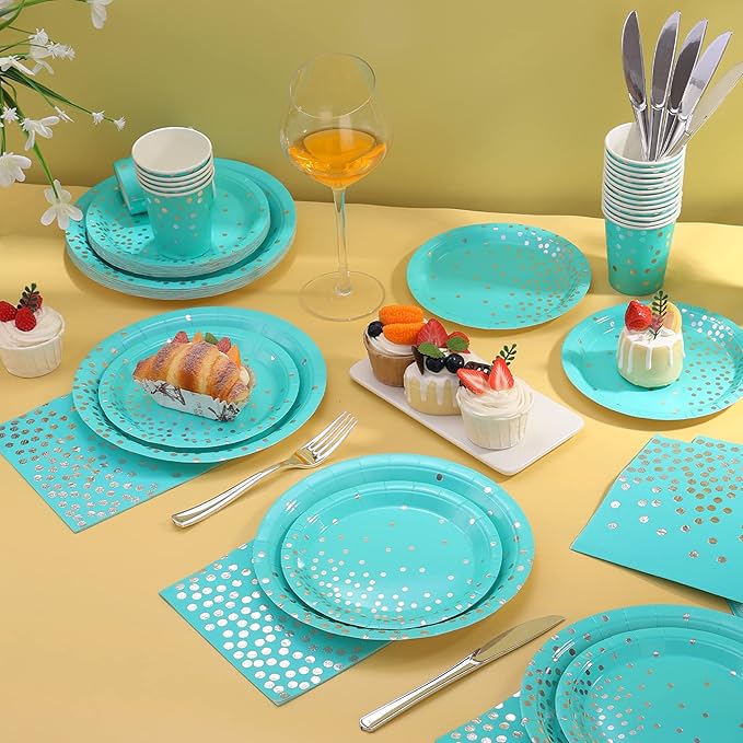 175PCS Teal Party Decorations, Turquoise Paper Plates Serve 25, Teal Plates and Napkins With Silver Plastic Silverware for Birthday, Graduation Party, Wedding, Baby Shower