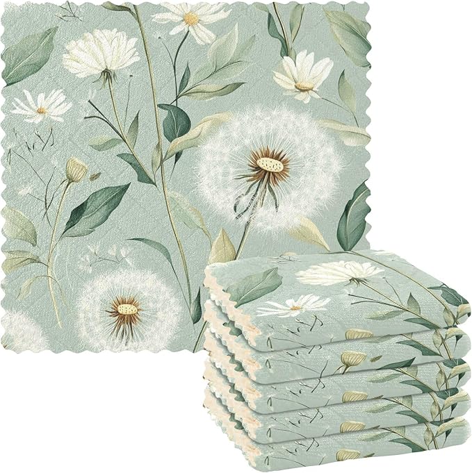 Sage Green Dandelion06 Kitchen Towels Dish Cloths Set of 6 Microfiber Cleaning Cloths for Cars Super Absorbent Machine