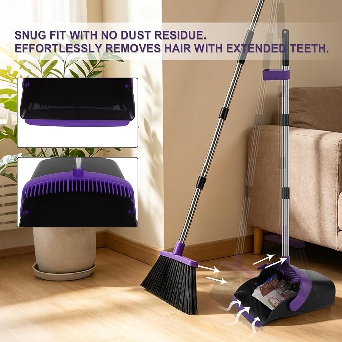 Broom and Dustpan Set 2 Pack, Upright Stand Up Broom and Dustpan Combo with Long Handles, Self-Cleaning Dustpan Teeth, Indoor Outdoor Sweeping Set for Home, Kitchen, Garage Pet Areas Purple