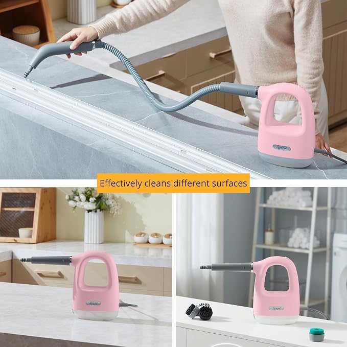SALAV® CleanSteam Compact Steam Cleaner Pressurized Multi-Surface Handheld Steamer w/11pc Accessories, Safety Lock No-Drip Fast Heat Time Unlimited Use, for Cleaning Windows, Tiles, Grout, Car (Pink)