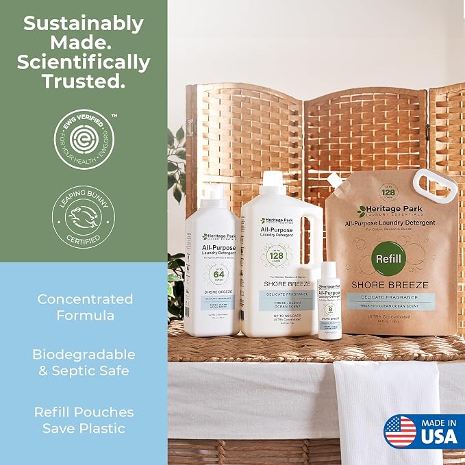 Heritage Park Luxury Laundry Detergent | Dermatologist Tested Plant based Natural & Enzyme Laundry Detergent | Sensitive Skin Friendly - Shore Breeze (64 fl oz Refill)
