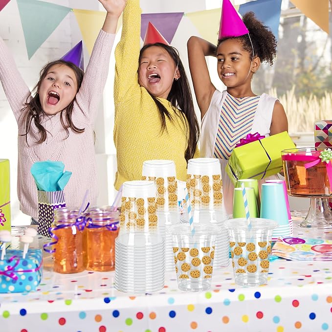 FYSUIMU 50 Pcs 12 Oz Cookie Theme Plastic Cups with Lids & Straws Disposable Clear Drinking Cups for Birthday Baby Shower Party Supplies