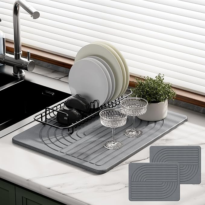 2-Pack Stone Dish Drying Mat for Kitchen Counter, Diatomaceous Earth Drying Mat Pad, 15.8"x11.8" Super Absorbent Drying Stone, Quick Dry, Heat Resistant, Odorless (Dark Gray)