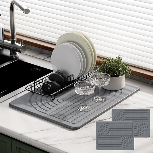 2-Pack Stone Dish Drying Mat for Kitchen Counter, Diatomaceous Earth Drying Mat Pad, 15.8"x11.8" Super Absorbent Drying Stone, Quick Dry, Heat Resistant, Odorless (Dark Gray)