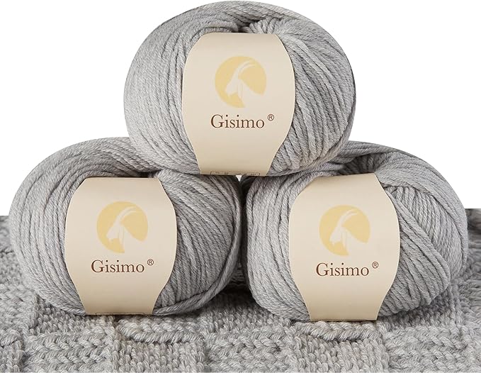 100% Merino Wool Yarn, 6-Ply Luxurious and Soft Yarn for Hand Knitting & Crocheting, 1.76 OZ/50g, 127 yds/116 Meters (Light Gray, 3 Balls)