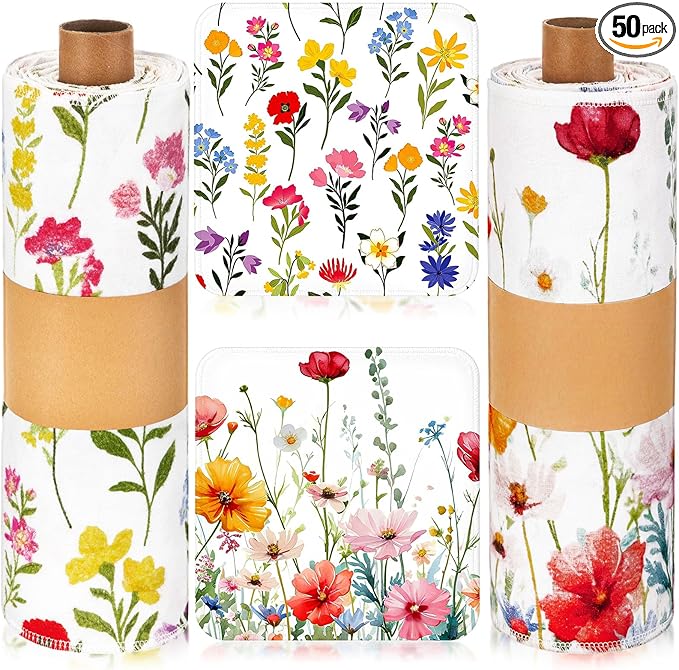 Redbaker 50 Pcs Reusable Paper Towels Paperless Reusable Cotton Cloths Toilet Absorbent Washable Paper Towels with Roll Kitchen Dishcloth for Kitchen Paperless Dishcloths (Wildflower)