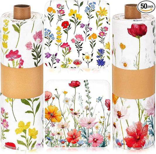 Redbaker 50 Pcs Reusable Paper Towels Paperless Reusable Cotton Cloths Toilet Absorbent Washable Paper Towels with Roll Kitchen Dishcloth for Kitchen Paperless Dishcloths (Wildflower)