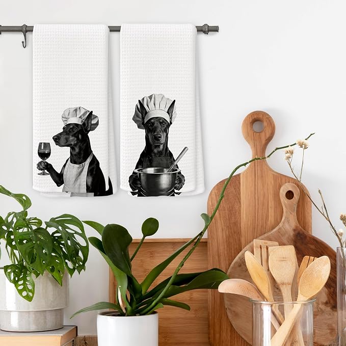 Funny Chef Doberman Kitchen Towels Set of 2, Doberman Dog Gifts for Women Dish Tea Towels for Kitchen, Dog Mom Lovers Owner Gifts Decorative Hand Towel, 16x24 Inch
