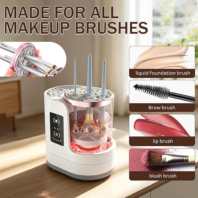 2026 Upgrade 3 in 1 Electric Makeup Brush Cleaner, Automatic Makeup Brush Cleaner Machine with Adjustable 2h/5h Dryer-Holder, Makeup Brush Washer and Dryer for All Brush Sizes, Plug in Design (A)