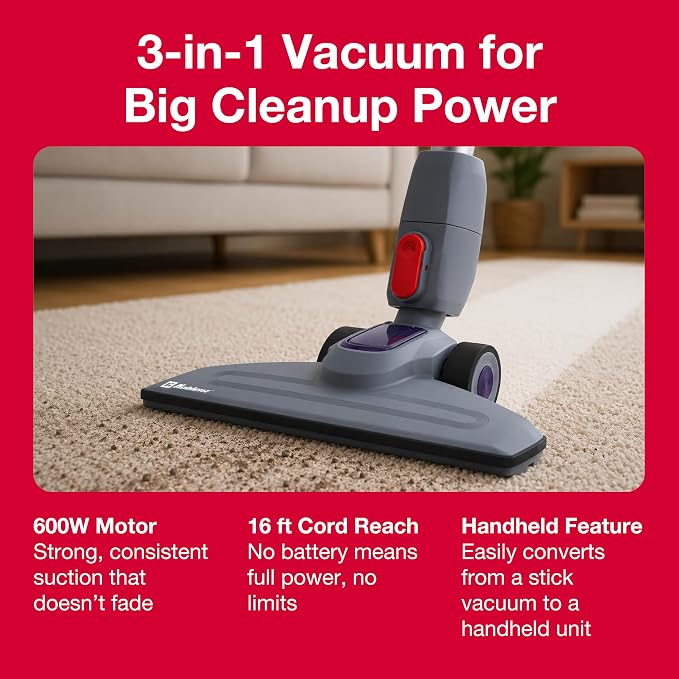 Koblenz Scorpio Stick Vacuum Cleaner, 3-in-1 Cyclonic, Bagless HEPA Filtration, 600W Motor, 59 oz Dust Cup, Corded Stick Vacuum, Lightweight 5 lbs, Pet Hair, Wall Mount, All Surfaces, Blue, SVK-165