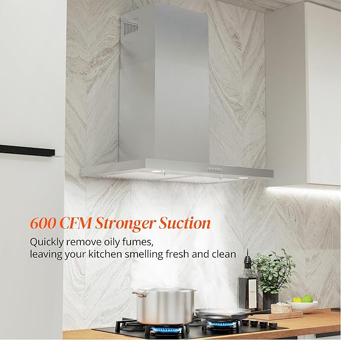 FIREGAS Wall Mount Range Hood 30 Inch, 600 CFM Ducted/Ductless Convertible Stainless Steel Kitchen Vent Hood with 3 Speed Fan, LED Lights and Push Button Control