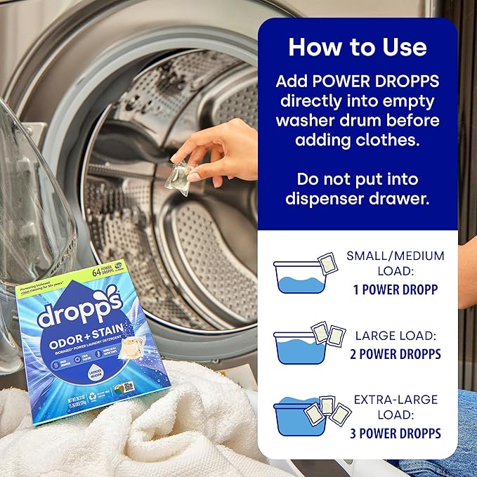 Dropps Odor & Stain Laundry Detergent Pods, Orange Blossom (64 Count) - Powerful Laundry Pods | Complete Clean Laundry Soap | Fights Odors & Stains | Clean Ingredients | Plastic Free Packaging