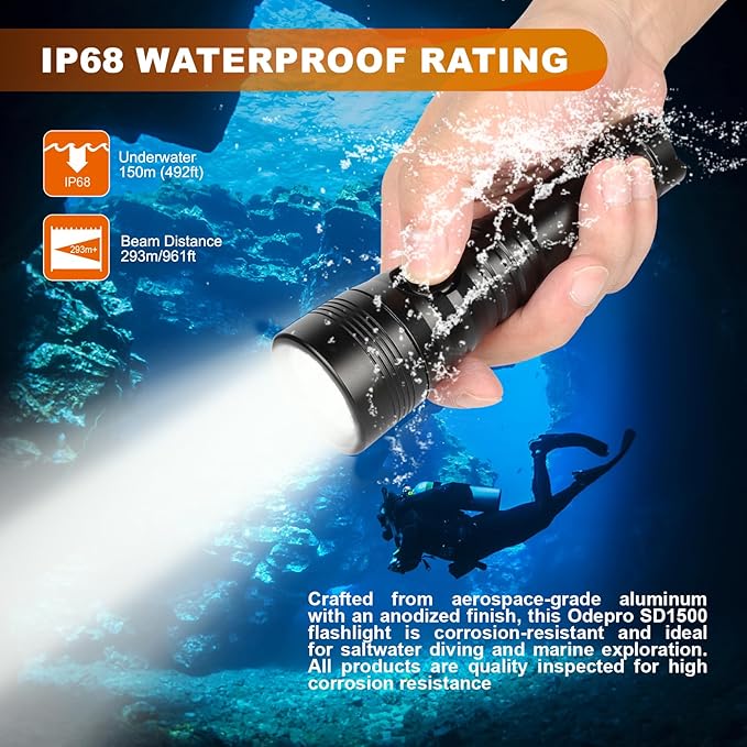SD1500 Dive Light 1500 Lumens Scuba Diving Flashlight 3 Modes Waterproof Underwater Diving Safety Backup Lights with Power Indicator for Night Diving