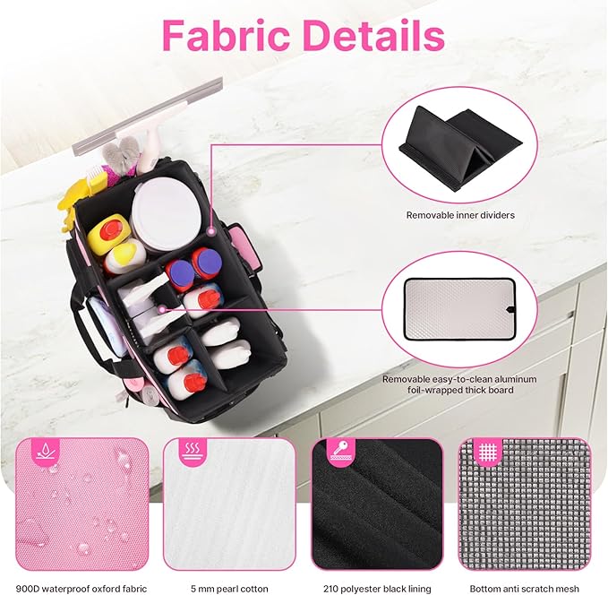 JKAOO Large Wearable Cleaning Caddy Bags,Cleaning Supplies Storage Bag with Handles and Adjustable Shoulder Strap and Removable Waist Straps,Waterproof Cleaning Bags for Home,Car,Office (Pink)