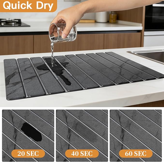 Stone Dish Drying Mat for Kitchen - Grey Kitchen Counter Mats Quick Dry for Dishes Cups - Foldable Super Absorbent Diatomaceous Earth Drying Coasters Multi-Purpose (24"×16"/ 8"x4")
