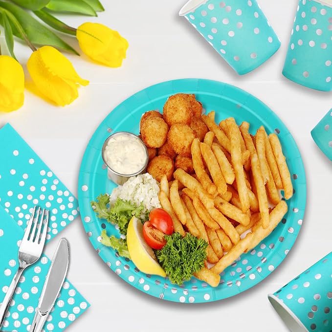 175PCS Teal Party Decorations, Turquoise Paper Plates Serve 25, Teal Plates and Napkins With Silver Plastic Silverware for Birthday, Graduation Party, Wedding, Baby Shower
