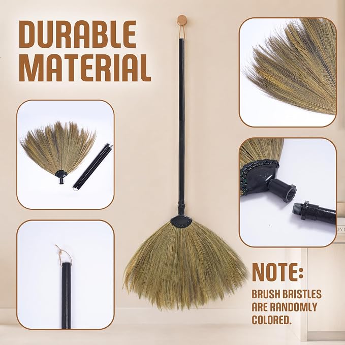 2-Piece Black Wooden Handle Vietnamese Straw Broom, Handmade Asian Grass Broom with Soft Natural Bristles for Indoor Floor, Kitchen, Living Room & Outdoor Sweeping, Household Cleaning