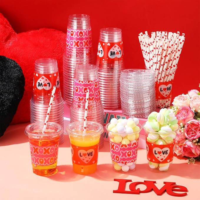 Yaomiao 300 Pcs 12 oz Valentine's Day Plastic Party Cups with Lids and Straw Valentine's Day Plastic Cup Heart Disposable Clear Tumbler Red Pink Disposable Drinking Set for Party Supply