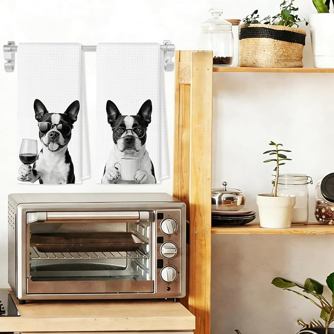 Funny Boston Terrier Kitchen Towels Set of 2, Dog Kitchen Bar Accessories, Dog Chef Gifts for Women Decorative Hand Towels for Kitchen Decor, Boston Terrier Lovers Dish Tea Towel, 16x24 Inch