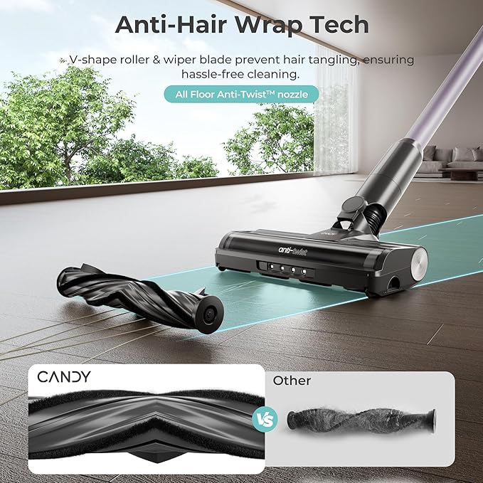 CANDY Cordless Vacuum Cleaner,45Mins Vacuum Cleaners for Home,Stick Vacuum,Strong Suction,Removeable Battery,Anti-Tangle,One Click Clean,Lightweight Handheld for Hardwood Floor Carpet Pet Hair Car