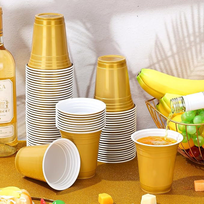 tchrules 100 Pcs 12oz Gold Plastic Cups, Disposable Gold Party Cup for Christmas, Plastic Drinking Cup Bulk for Halloween Thanksgiving Birthday Wedding Picnic Party Decoration Supplies