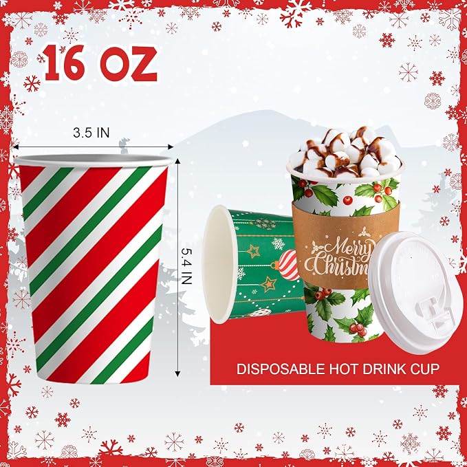 36 Sets/ 108 Pcs Christmas Paper Cups 16 oz Disposable Xmas to Go Coffee Drinking Cups with Lids and Sleeves Xmas Hot Cocoa Coffee Mug for Cold Drinks Hot Chocolate Christmas Party Drinkware Supplies
