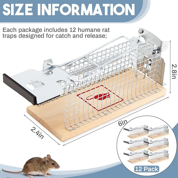12 Pack Small Humane Mouse Trap, 6 x 2.4 x 2.8 Inch, No Kill, Catch and Release, Reusable Live Mouse Trap, Indoor Outdoor Rat Cage for Small Live Rodent Chipmunk Squirrel Mole Safe Control