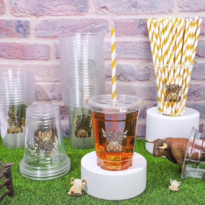 Whaline 50 Pcs Highland Cow Disposable Plastic Cups with Lids and Straws 12 oz Cute Farm Cow Party Cup Cold Beverage Drinking Cups for Birthday Baby Shower Wedding