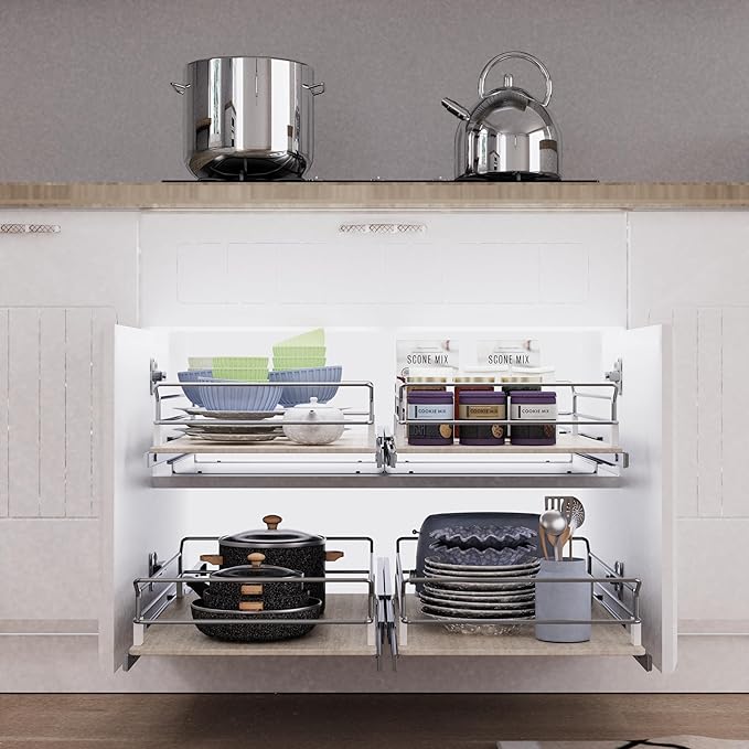 Pull Out Cabinet Organizer 18" W X 22" D, Slide Out Drawers For Kitchen Organizers and Storage, Pull Out Drawers For Cabinets Capacity Heavy Duty Caddy, Cabinet Shelves Wood Chrome, Pantry Storage