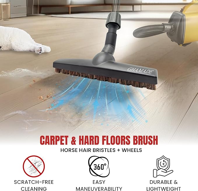 For Carpet & Hard Floors Vacuum Brush Attachment with Horse Hair Bristles and Wheels Using On Any Surface without Scratches - Hardwood Floor Attachments plus Vacuum Hose Adapter