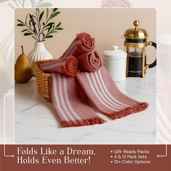 Stripe Kitchen Dish Towels 12 Pack, 16x26 Inches, Quick Drying Cloths, 100% Cotton, Absorbent Wash Rags, Washable and Reusable, Cleaning Towels for Dishes, Everyday Drying Use - Rust