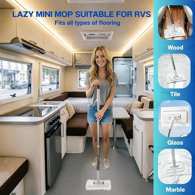Mini Mop, Hands-Free One-Touch Pad Release, 360° Rotating Head, Wet & Dry, Extends Up to 48in Handle, Zero-Cost Old Cloth Compatible for Hardwood Floors, RV & Pet Hair