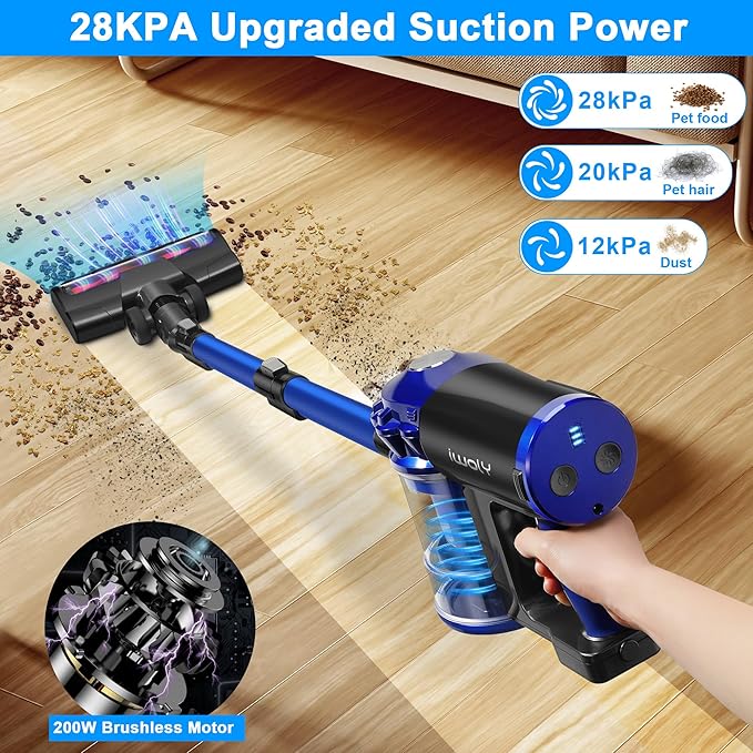 iwoly Cordless Vacuum Cleaner for Home, Brushless Stick Vacuum with 28KPa Powerful Suction, Rechargeable Battery, 3 Modes, Portable Handheld Vacuum for Hardwood Floor Pet Hair