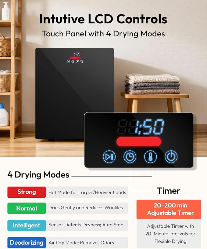 EUHOMY 1.5 Cu.ft Portable Dryer with 4 Drying Programs, 5.5lbs Clothes Capacity, Mirror Finish & LCD Panel, 850W Portable Clothes Dryer for Apartment, Dorm & RV, Black