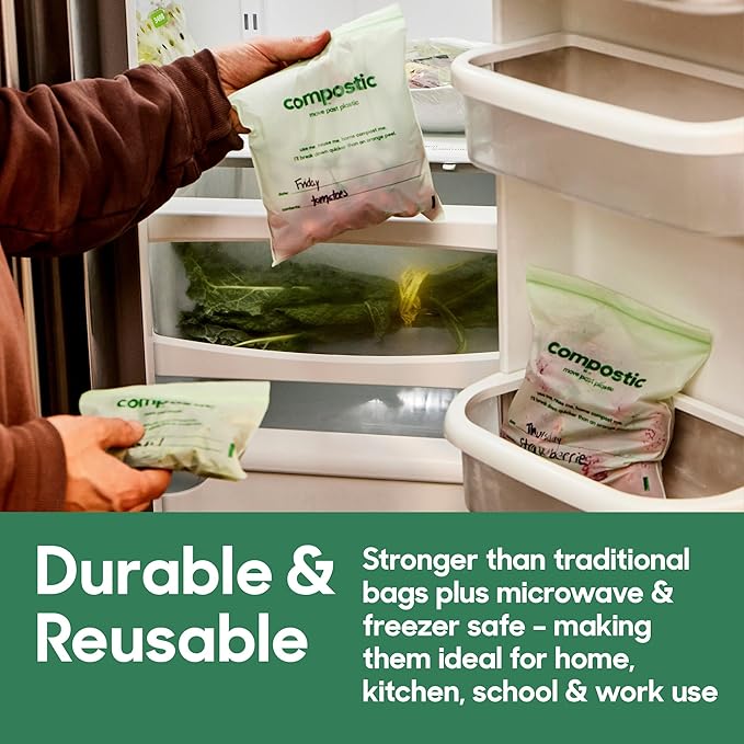 Compostic Compostable Sandwich Bags (60 Count) Starter Pack — Resealable Zip-Seal, Plant-Based, Home Compostable, Freezer & Microwave Safe, BPA-Free, Non-Toxic, GMO-Free Food Storage Bags
