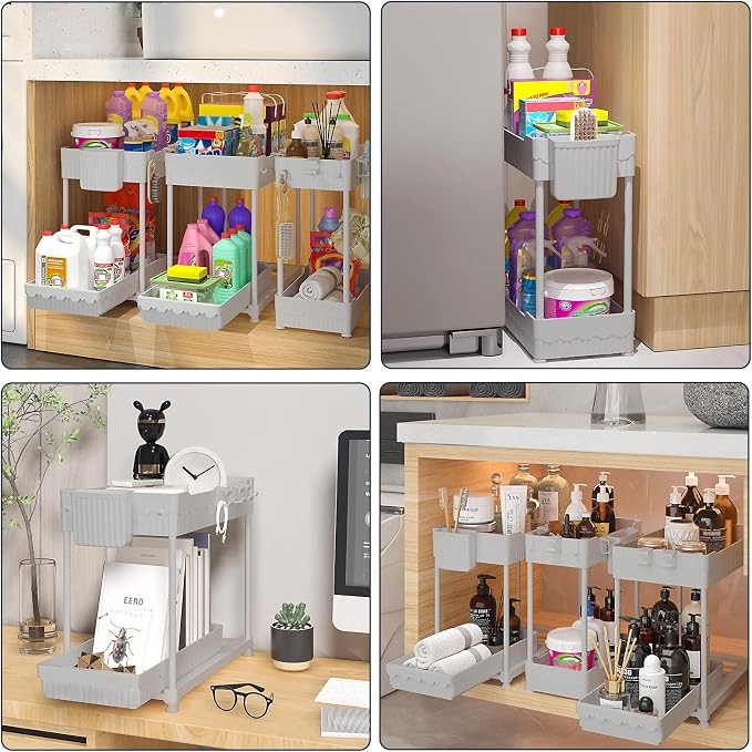 Sevenblue 3 Pack Under Sink Organizers,2-Tier Multi-Use Kitchen and Bathroom Organizers and Storage with Sliding Drawers,Bathroom Cabinet Organizer (Gray, 12.8 Inch)