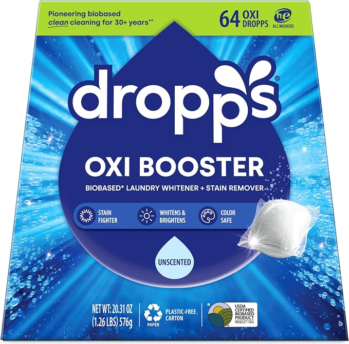 Dropps Oxi Booster Pods, Unscented (64 Count) - Laundry Whitener & Stain Remover | Free & Clear | Laundry Booster | Chlorine-Free Bleach Alternative | Clean Ingredients | Plastic-Free Packaging