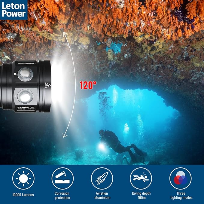 L15 10000 Lumens Underwater Video Light - 100m (330ft) Waterproof Dive Video Light with USB-C Charging, Professional Floodlight for Scuba Diving, Snorkeling & Underwater Photography