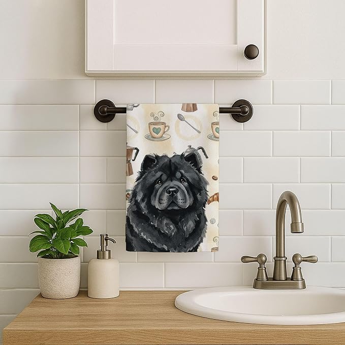 Caroline's Treasures Black Chow Chow Coffee Bar Kitchen Towel Velour Plush Front and Cotton Loop Back Machine Washable