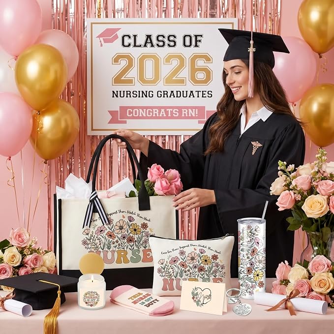 Patelai 7 Pcs Nurse Appreciation Gift Set, Thank You Nurses Gifts with 20oz Tumbler Tote Bag Candle Socks Makeup Bag Keychain Card, Nurse Week Gifts Nursing Graduation Gift for Women Nurses CNA RN