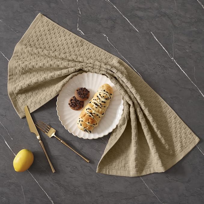 Homaxy 100% Cotton Terry Kitchen Towels(15" x 25", 4 Pack), Soft and Super Absorbent Dish Towels, 380 GSM Reusable Tea Towel with Hanging Loop, Pineapple Grid Designed, Tan